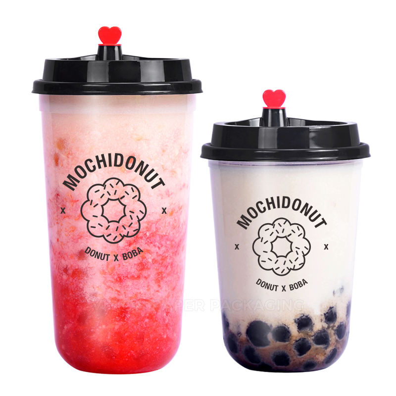 Custom Logo Printed U Shape Plastic Cups With Heart Plug Lid Disposable PET Cold Drink Bubble Milk Tea Boba U Cup